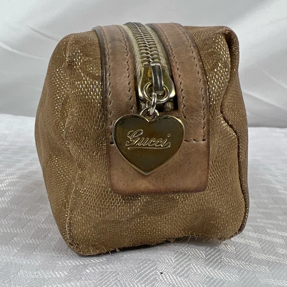 7528: Gucci GG Monogram Gold Canvas Cosmetic Pouch Heart Charm Italy